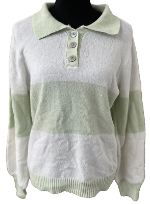 #ad Margeaux amp; Ellie Sweater Top Womens Medium White Green Stripe Button Pullover $6.00
