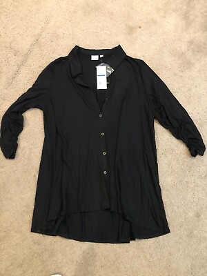 #ad Womens New Directions Black Tunic NWT 2X High Low Buttons Julia Crepe Cinch Slee $19.99