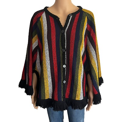 #ad Vintage Dupont Rainbow Knit Poncho 60s Bohemian Striped Hippie Sarape Shawl $129.95