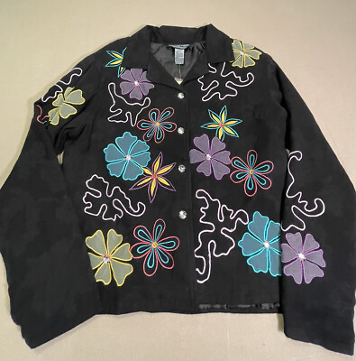 #ad New Indigo Moon Women’s Size Large Black Floral Jacket Embroidery Button Up NWT $17.99