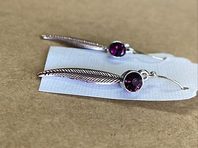 #ad Purple Amethyst Gemstone Statement Earrings Silver Toned Feather Earrings $18.00