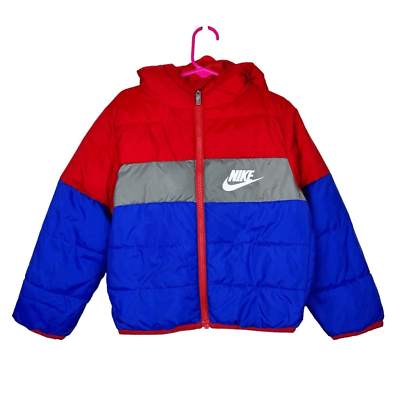 #ad Nike Boys Colorblock Puffer Jacket Small 4 5 Hooded Full Zip Just Do It $14.95
