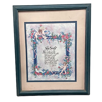 #ad Blue framed poem sleep sweetly by ken brown matted floral angles pink READ $29.99