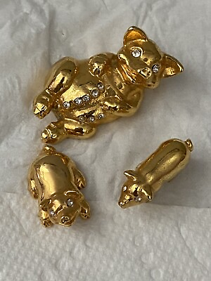 #ad three gold tone pig figurines rhinestones Three Little Pigs Piggy Oink Oink Vtg￼ $11.54