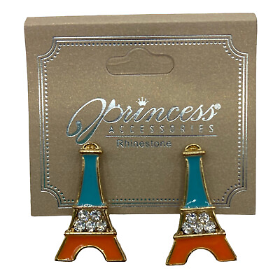#ad Princess Accessories Enamel Eiffel Tower Paris Rhinestone Gold Tone Earrings $9.99
