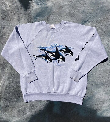 #ad Vintage Sea World Whale Oneita Made USA Crewneck Sweatshirt Pullover Gray 90s $29.99