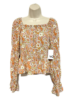#ad Women’s SO top Jr L Cropped Boho orange pink lilac floral long sleeve pleated $22.00