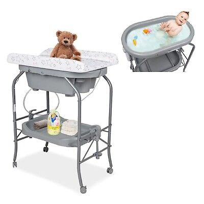 #ad Baby Changing Table with Bathtub Folding amp; Portable Diaper Station w Wheels Gray $125.99