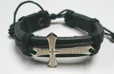 #ad Christian Leather Cuff Bracelet BLACK Lord#x27;s Prayer Inscribed on Polished Cross $8.00