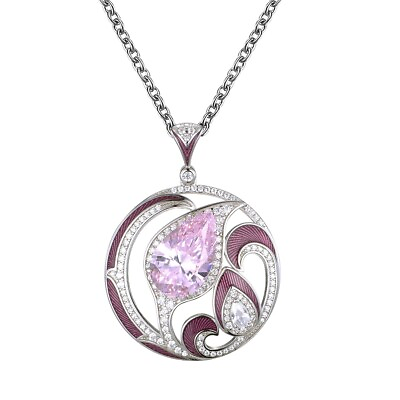 #ad Ladies Flower Design 925 Sterling Silver Pink and White Sapphire Enamel Necklace GBP 89.55