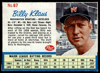#ad 1962 Post Cereal Billy Klaus Washington Senators #67 $1.29