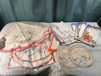 #ad Vintage Linens Lot Round Tablecloth Napkin Set Runners Saucer Doily Teacup Mat $55.00