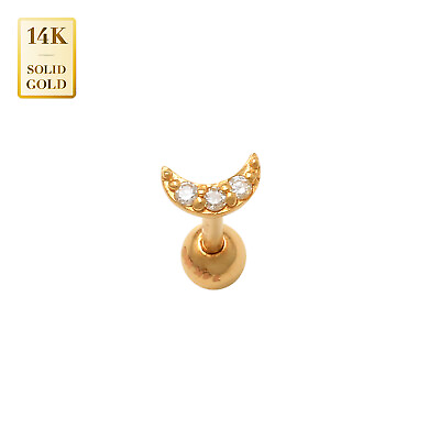 #ad 14K REAL Diamond Solid Gold Petite Crescent Luna Stud Earring Piercing 18 Gauge $93.95