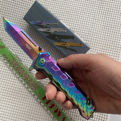 #ad 9quot; Rainbow Tactical Spring Assisted Open Blade Folding EDC Survival Pocket Knife $19.99