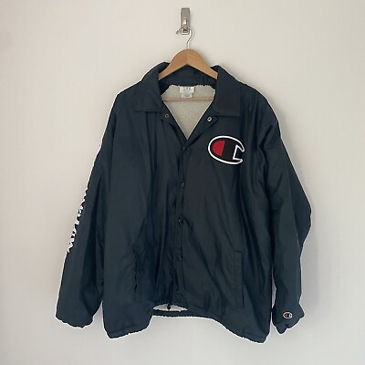 Vintage Champion Jacket Mens XL Black Big C Logo Track Sherpa Lined Snap Button $17.50