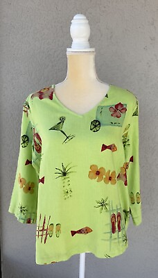 #ad Hot Cotton Womens Linen Top M Green Tropical Summer Boxy Beachy Blouse Lagenlook $29.99