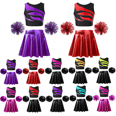 #ad US Kid Girls Crop Top With Skirt Cheerleader Costume Cheer Leader Uniform Outfit $21.38