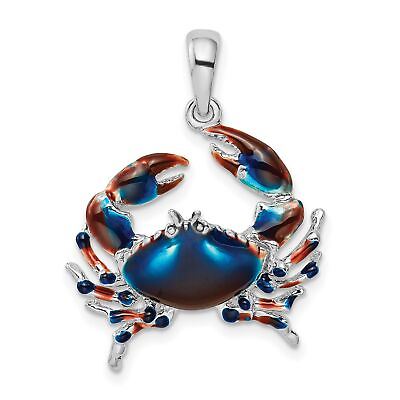 #ad Sterling Silver Polished Enameled Blue Stone Crab Pendant 19 mm x 21 mm $75.99