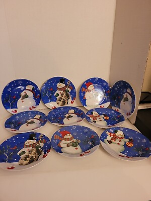 #ad 10 Studio 33 Snowman and Cardinal Friends Winter Christmas Dessert Plates $40.50