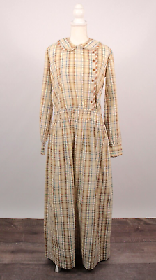 #ad VTG Women#x27;s Antique Early 1900s Tan amp; Blue Plaid Cotton Prairie Dress Sz M L $449.99