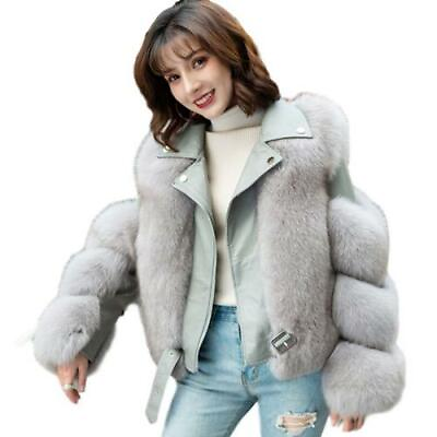 #ad Womens Motorcycle Leather Jacket Real Fox Fur Short Outwear Lapel Fashion Coat L $171.58