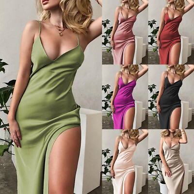 #ad Sexy Women Sleeveless Solid V Neck Bodycon Maxi Dress Summer Cocktail Party Gown $19.09