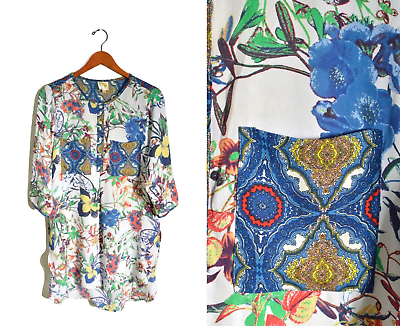 #ad Fig amp; Flower Anthropologie Floral Boho Pocket Button Dress Sz M Blue Tunic $35.00