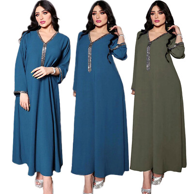 #ad Abaya Kaftan Muslim Women Maxi Dress Dubai Ramadan Islamic Robe Moroccan Evening $34.49