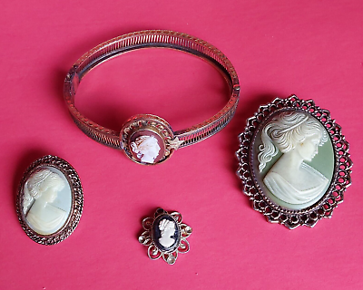 #ad Beautiful Vintage Lot of 4 Lady Cameo Lapel Brooch Pins $79.99