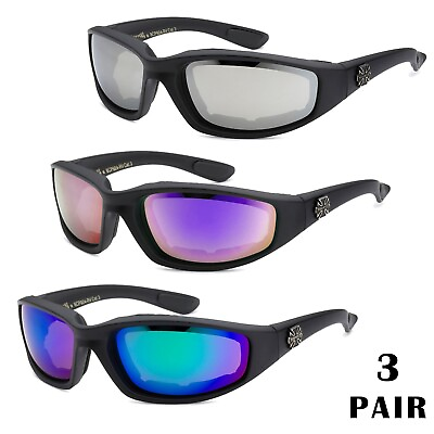#ad 1 3 Pair Motorcycle Sports Biker Riding Glasses Padded Wind Resistant Sunglasses $17.98