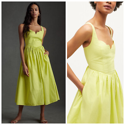 #ad #ad NWT RHODE Lolita Midi Dress Limon Yellow Lime Size 6 Sweetheart Fit Flare Bodice $135.00