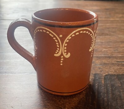 #ad Vintage Set Of 4 Portuguese Terracotta Redware Mugs w slip Design $45.00