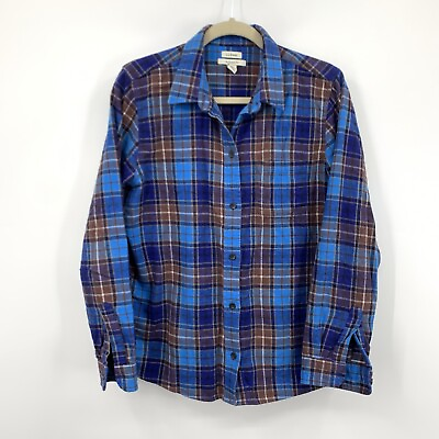 #ad LL Bean Women Size Medium Shirt Button Down Top Blue Flannel Plaid Relaxed Fit $23.99