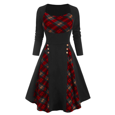 #ad Women Gothic Plaid Check Long Sleeve Skater Dress Ladies Steampunk Swing Dresses $21.39