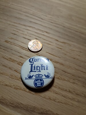 #ad Vintage pinback button Corona Light beer La Cerveza Mas Fina blue white $5.72