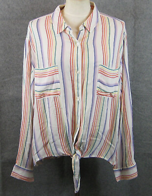#ad SO Top Juniors Plus 2X Button Up Shirt Blouse White Multi Stripe Tie Front NWT $19.99