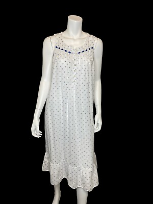 #ad EILEEN WEST Sleeveless Full Length Night Gown 100% Cotton Geo Print S White Blue $24.99