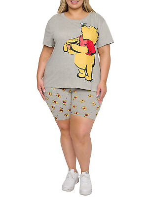 #ad Winnie The Pooh T Shirt amp; Bike Shorts 2 Piece Set Disney Womens Plus Size Gray $36.99