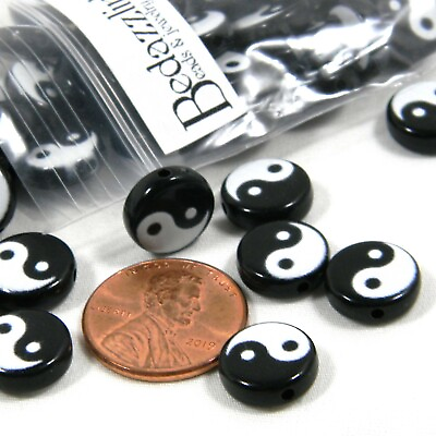 #ad 50 Black amp; White 11mm Round 3.5mm Thick Yin and Yang Plastic Acrylic Coin Beads $10.19