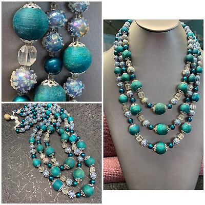 #ad Vintage Necklace 1950S Teal Aqua Beaded 3 Strand Necklace 18 24” $24.50
