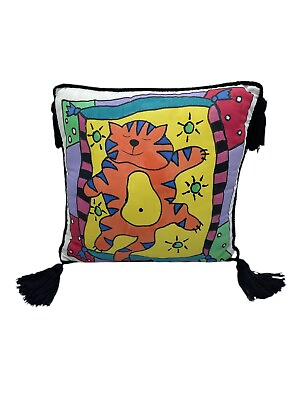 #ad Colorful Calico Kitty Cat Pillow with Black Tassels Sleeping W Stars Whimsical $12.00