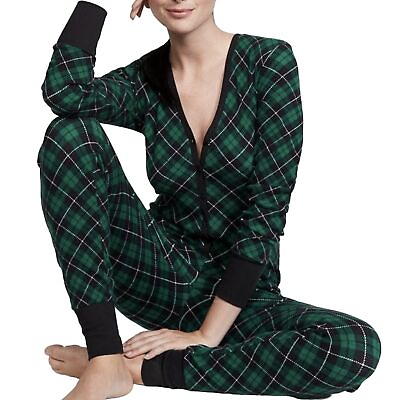 #ad NEW VICTORIA#x27;S SECRET Thermal Long One Piece Pajama Size XS Regular Green Plaid $40.00