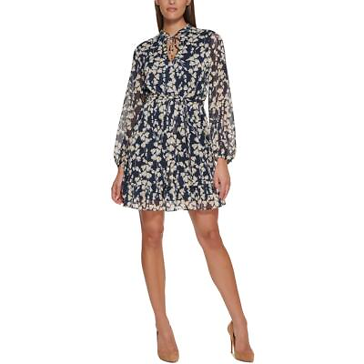 #ad Tommy Hilfiger Womens Navy Floral Tie Neck Peasant Shirtdress 16 BHFO 8996 $45.65