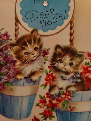 #ad Vtg Rust Craft Birthday Greeting Card M.COOPER? Kittens In Flower Pails 40 50s $8.98