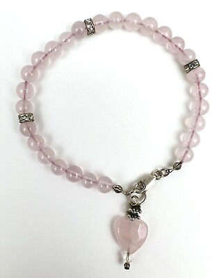 #ad Rose Quartz Bead Bracelet Heart Charm 7.5” $13.19