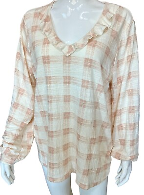 #ad Bobeau Plaid Print Blouse Long Sleeve Shirt Ruffle V Neck Top Size XL New $26.94