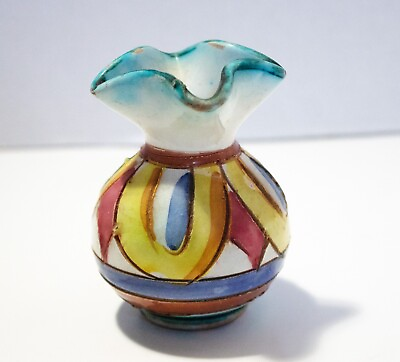 #ad Vase 3quot; Mini Bud Vase Majolica Textured Colorful Hand Painted Art Pottery Vtg $19.99