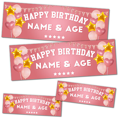 #ad 2 x Small 2 x Large Banner Happy Birthday Personalised Banners Pink Print GBP 15.99