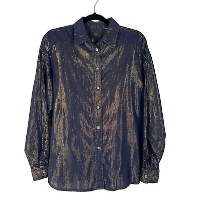 #ad OLEG Jeans Blouse Womens L Navy Metallic Gold Stripe Button Up Shirt $19.99