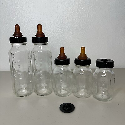 #ad Vintage Evenflo Glass Bottles Two 8 Oz And Three 4 Oz Rubber Nipples Movie Prop $27.99